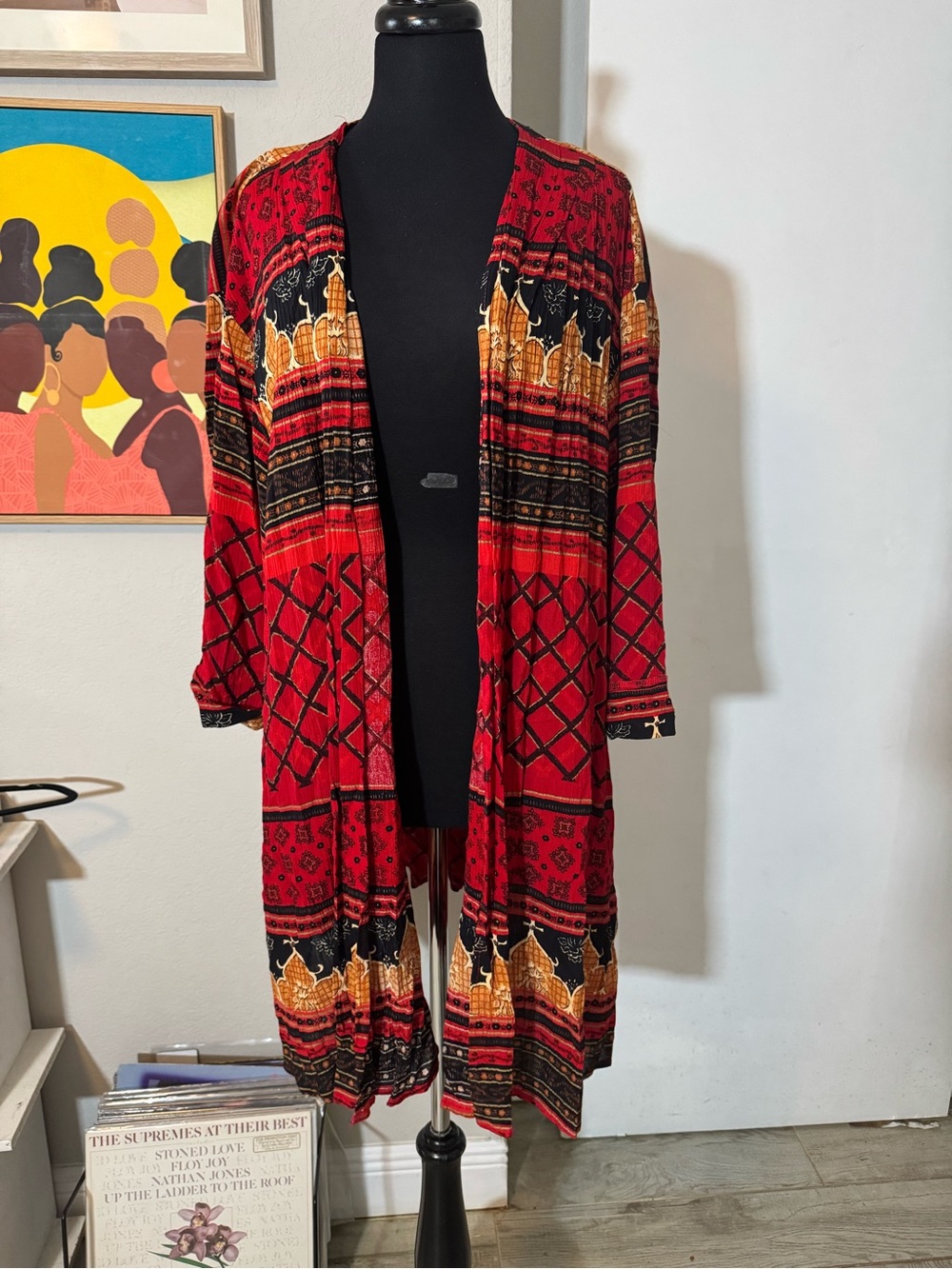 Vintage Red Patterned Open Front Duster Cardigan